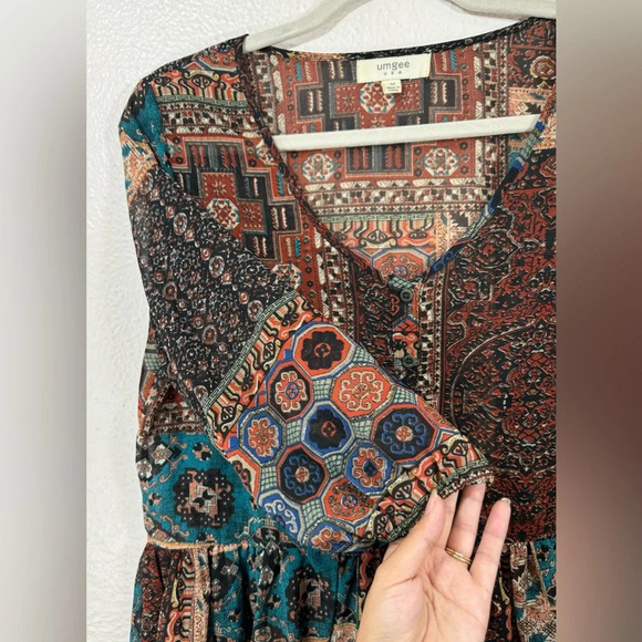 Umgee Bohemian Brown Half Button Down Peplum Semi Sheer Blouse Top Womens Medium - Picture 4 of 10